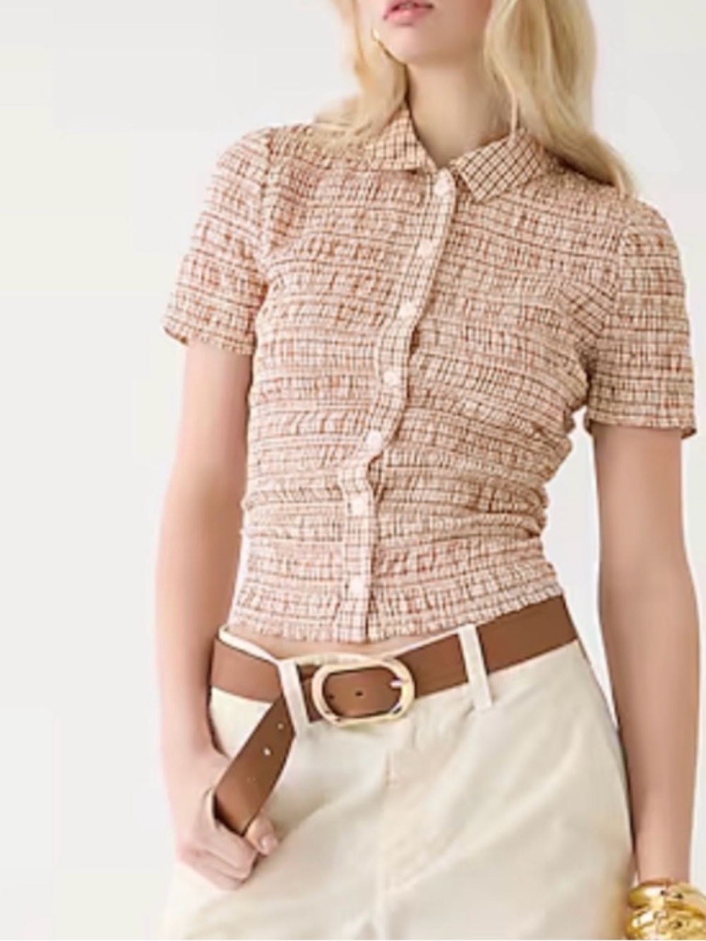 J. Crew Peach Short-Sleeve Button-Down Smocked Top